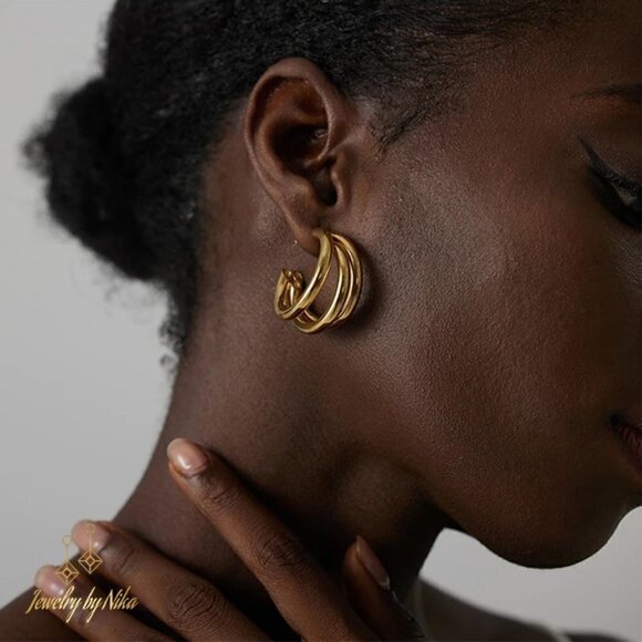 NEW 14K Yellow Gold Trifinity Boho Multi Hoop Statement Luxury Stud Earrings - Picture 6 of 10